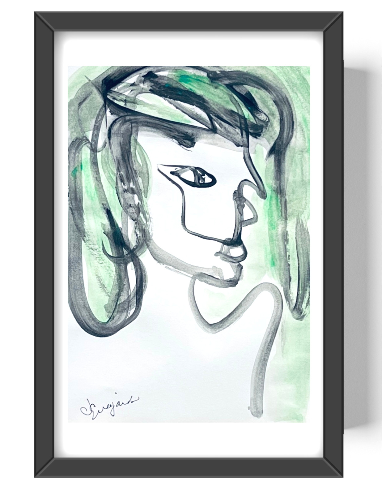 Guajardo Art: Green Girl 9X6 Paper Abstract Sumi-E Whimsical Home Decor