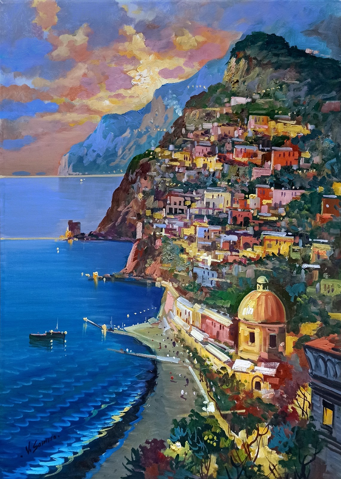 POSITANO PAINTING SUNSET SEASIDE ITALIAN PAINTER VINCENZO SOMMA gemälde malerei