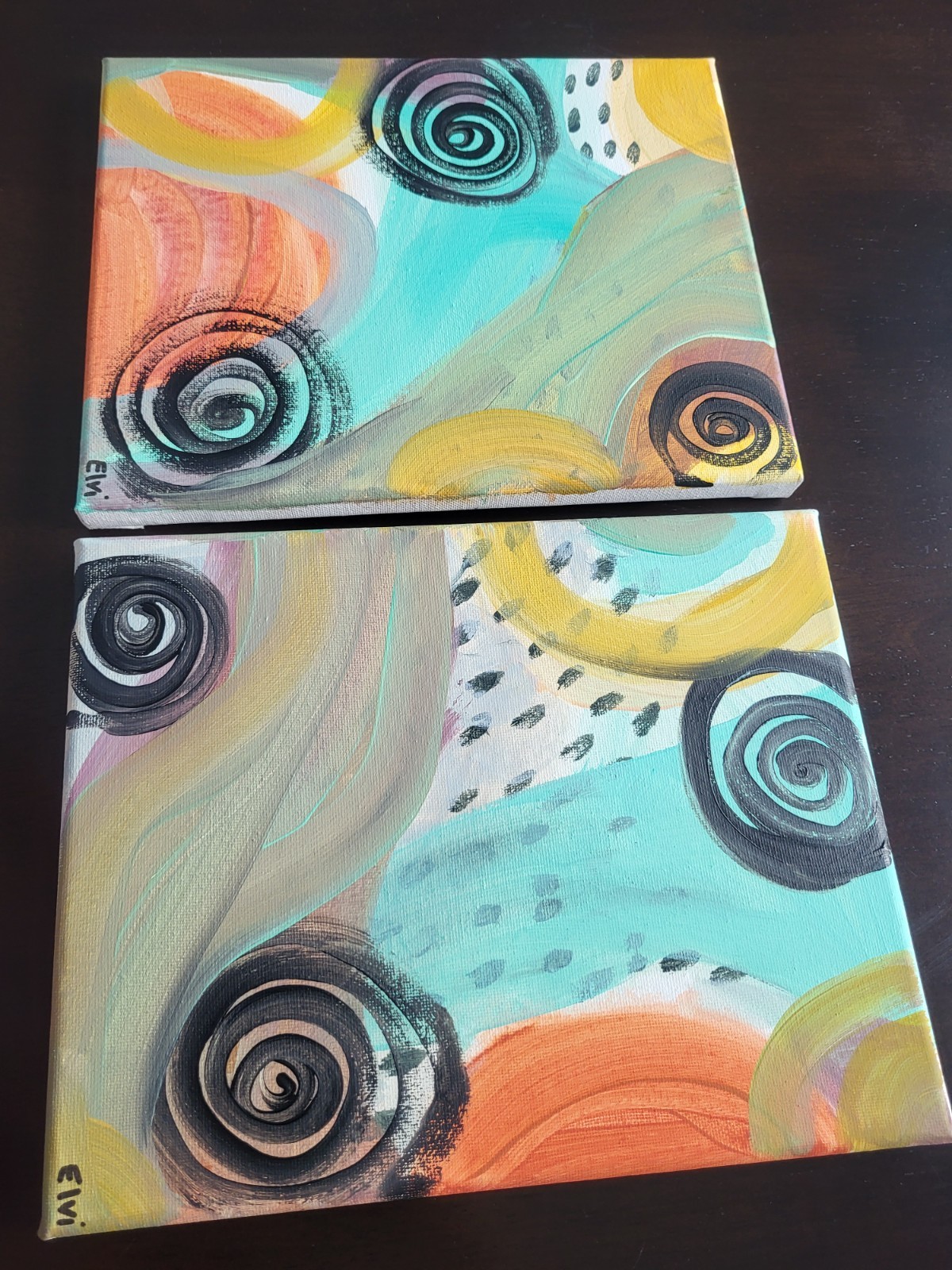 Set Of 2 Original Abstract 8×10 Paintings On Canvas Colorful Modern Art