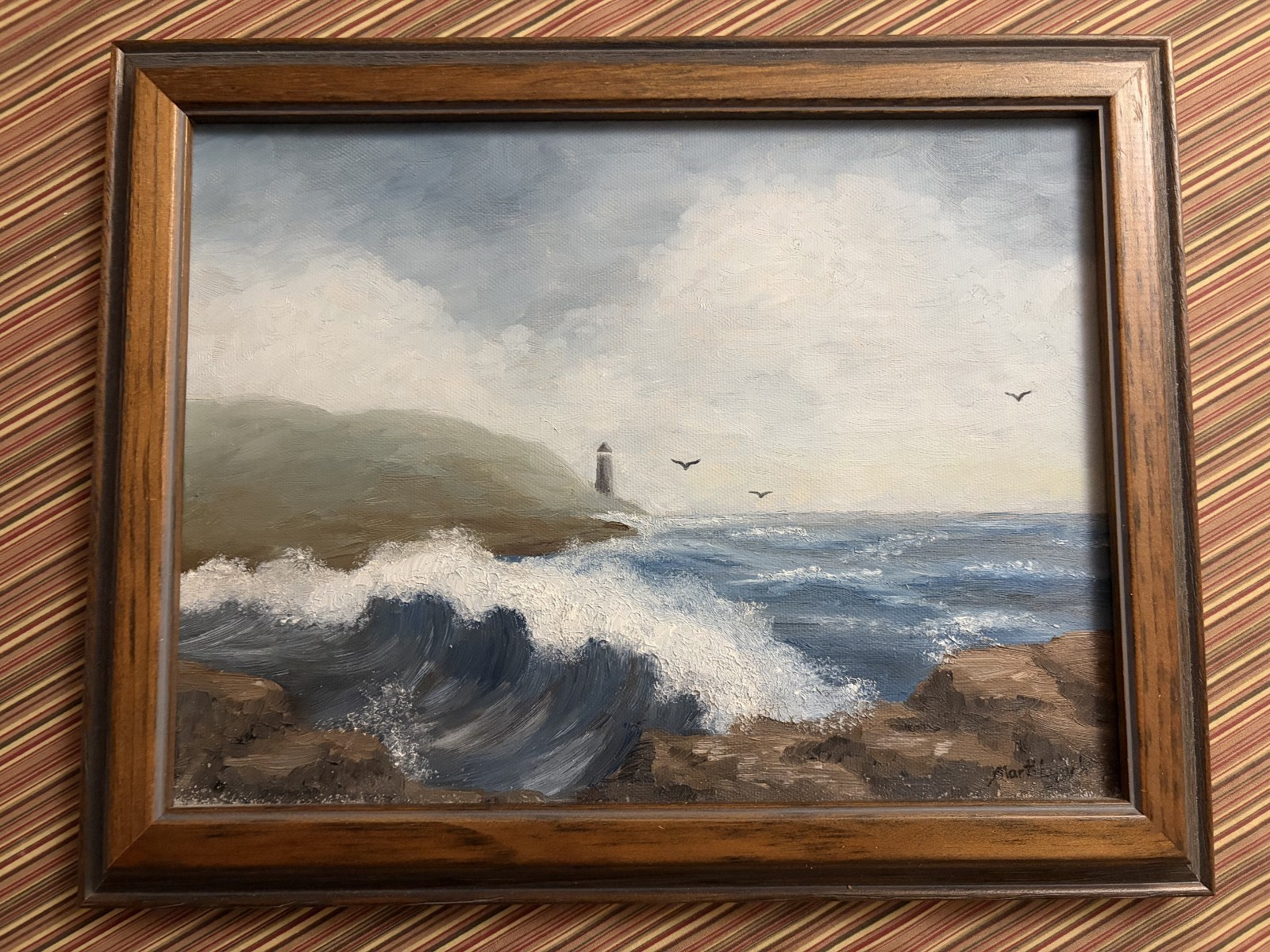 small framed painting seascape lighthouse ocean waves 11″ x 14″