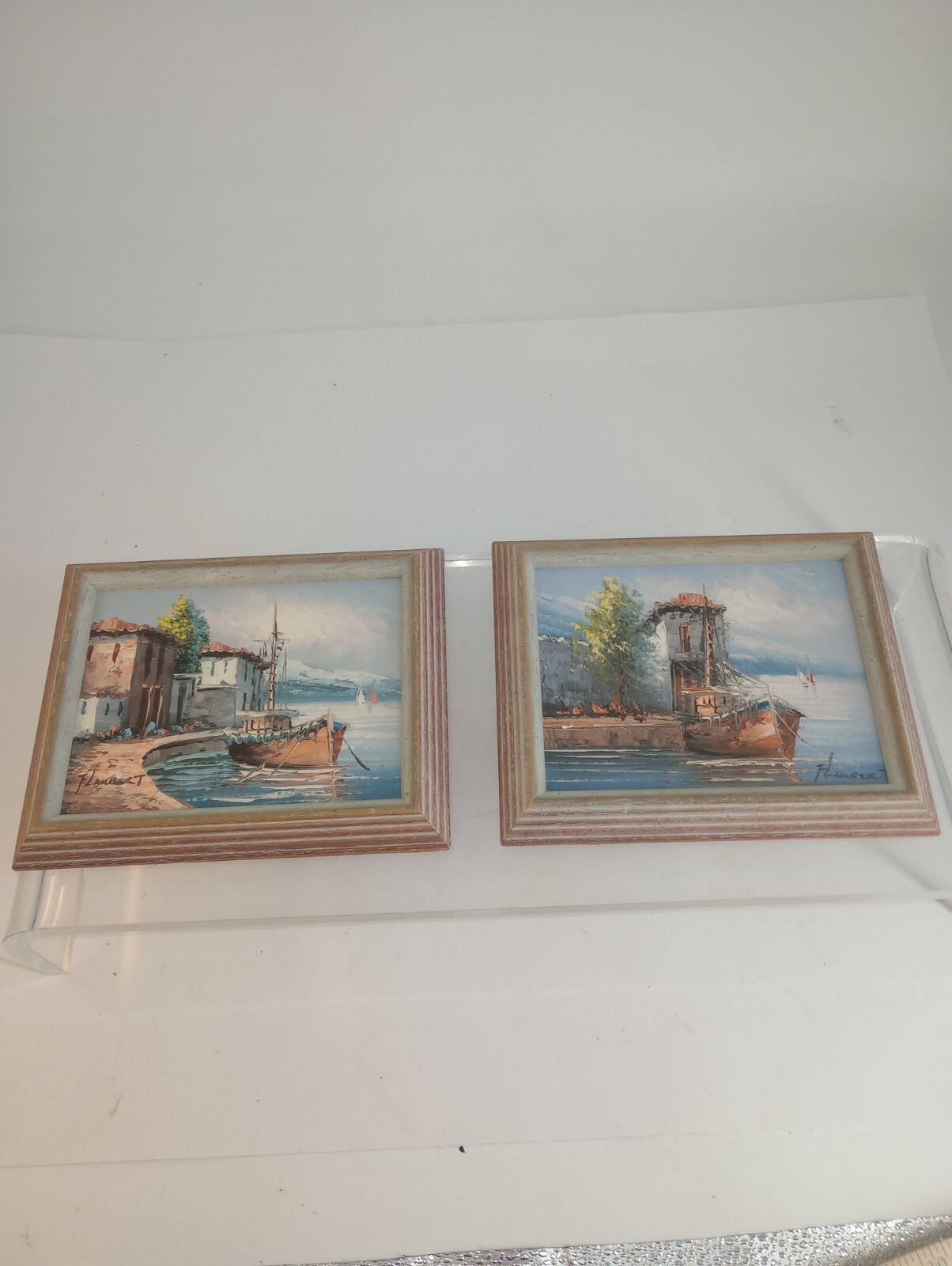 2 Vintage Original Oil On Board Painting Fishing Boats Signed F. Lambert 8″ X 7″