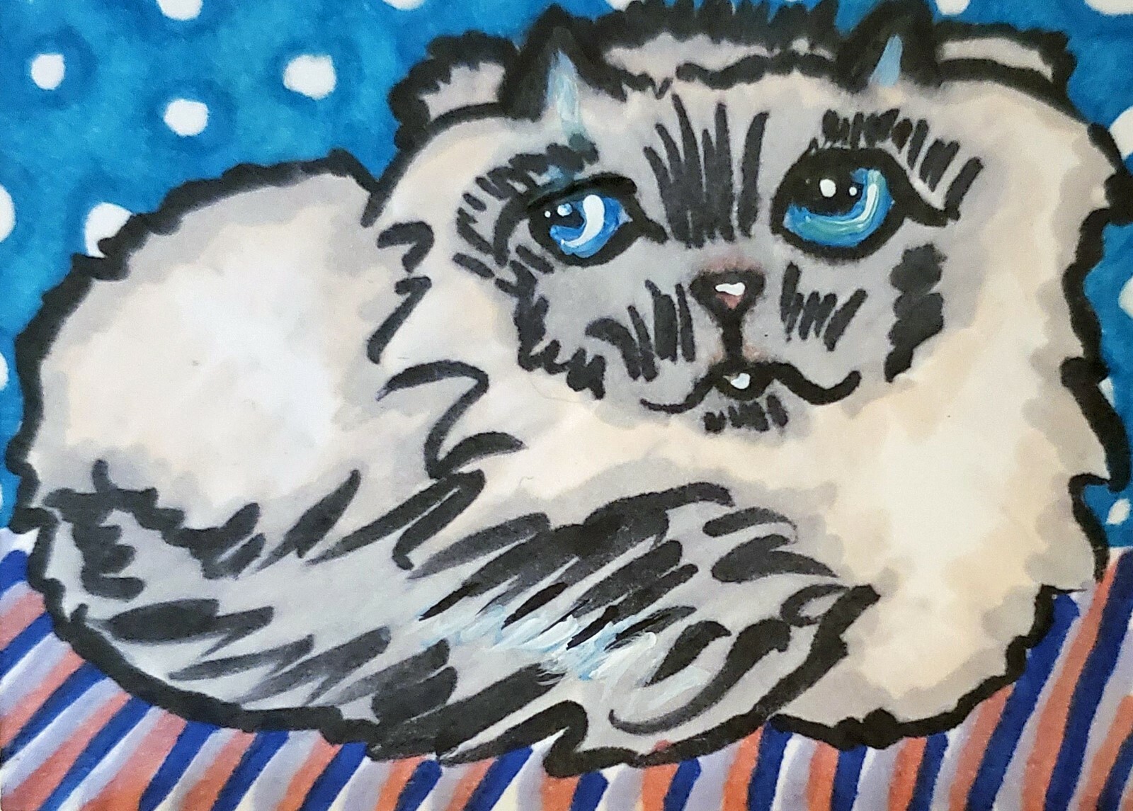 Himalayan Pout Cat ACEO Original Miniature Art Painting by Artist KSams 2.5×3.5
