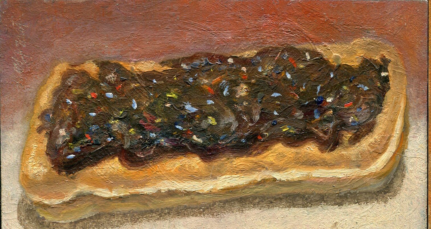 Chocolate Pastry 3×5 in. Oil on gessobord archival panel Hall Groat Sr.