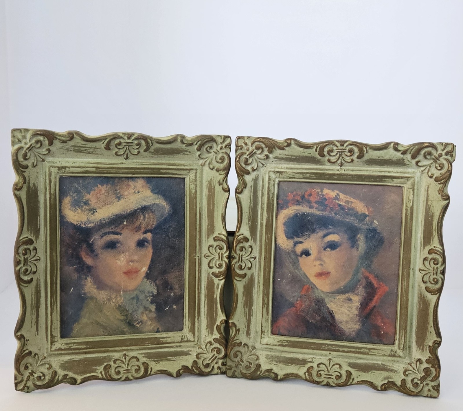 VTG Hulda «Suzanne & Annette» 2 Framed Art Portraits MCM Antiqued Cream & Green.