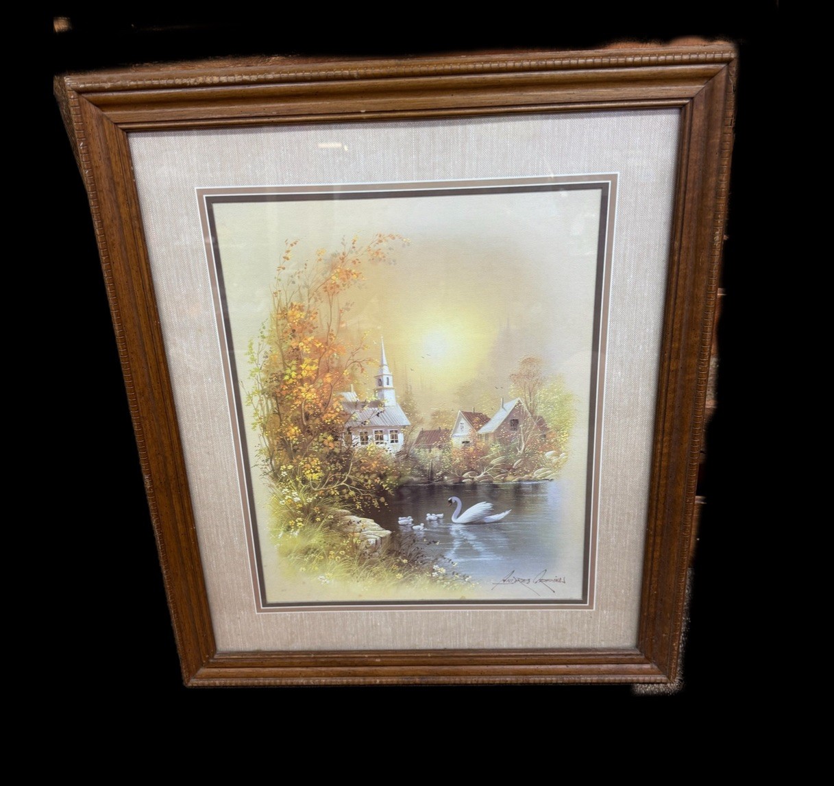 Art Andres Orpinas Signed Painting Church Pond Swan 25”x29” With Frame