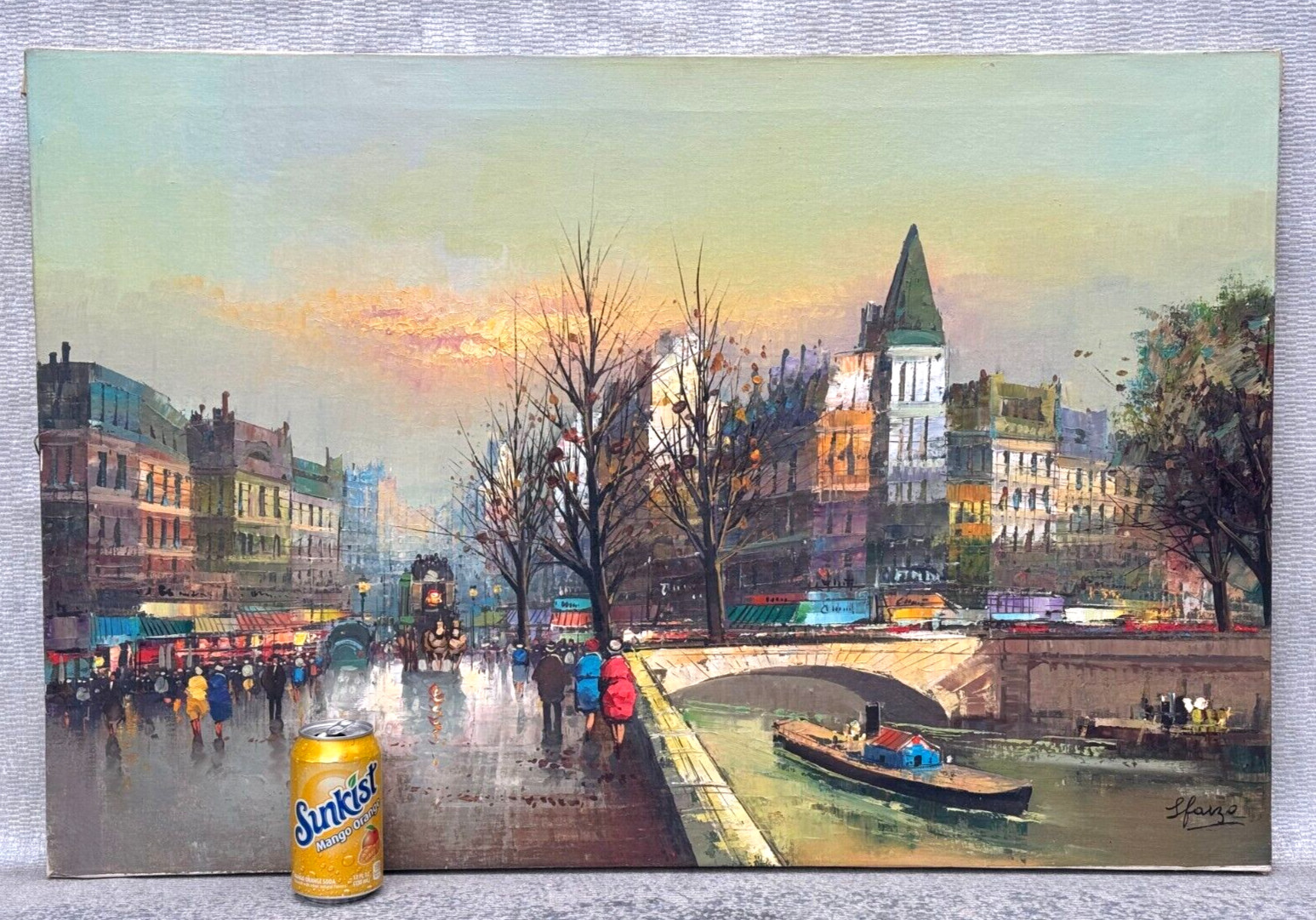 L FARZO SIGNED ILLEGIBLE PARIS FRANCE OIL PAINTING RIVER SEINE FIGURES STREET