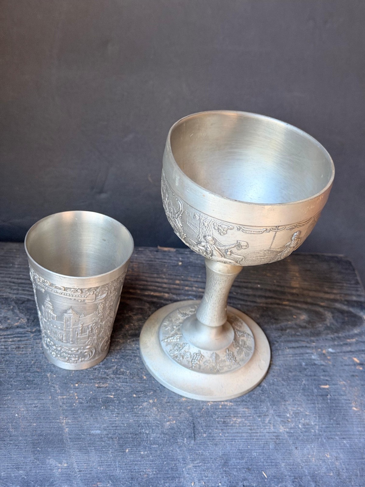 Vintage German Pewter Goblet Beaker Set Heilbronn Zinn Drinkware