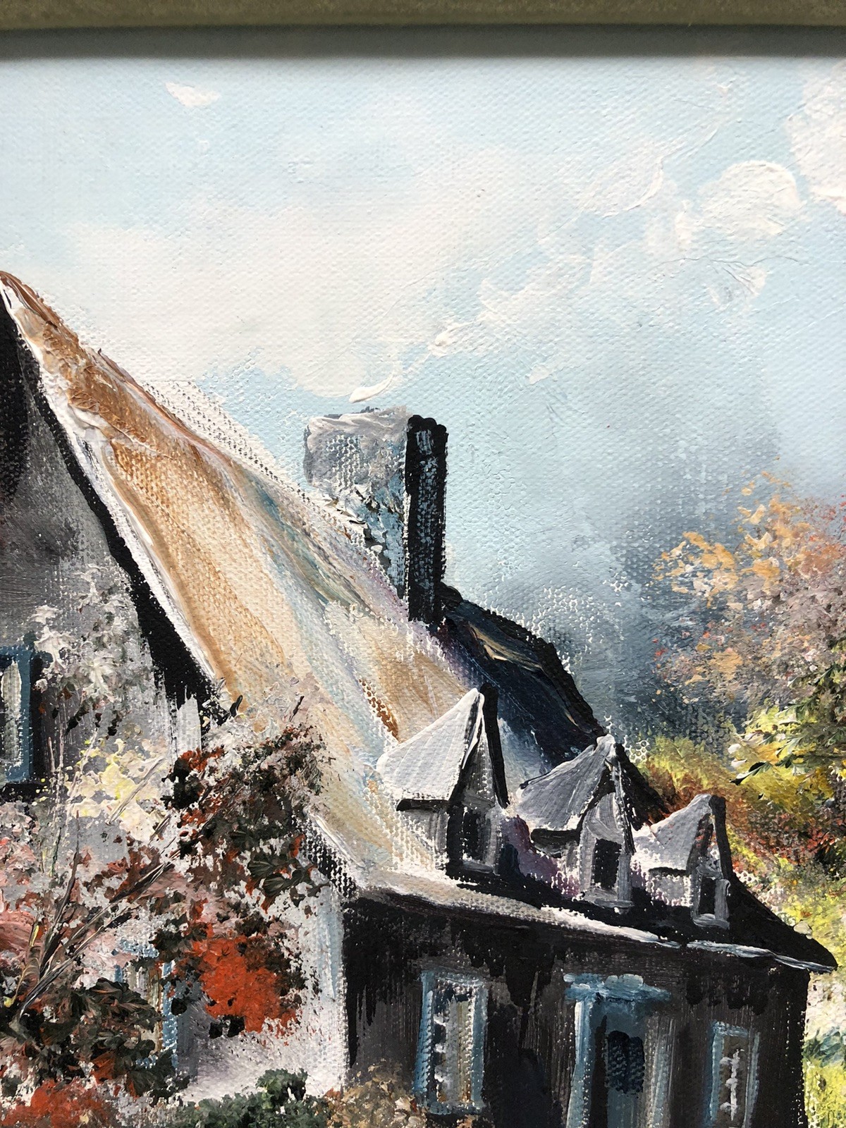 VTG Original signed Oil On Canvas Framed Art Rustic Cottage Scene 13.5 X 16.5”