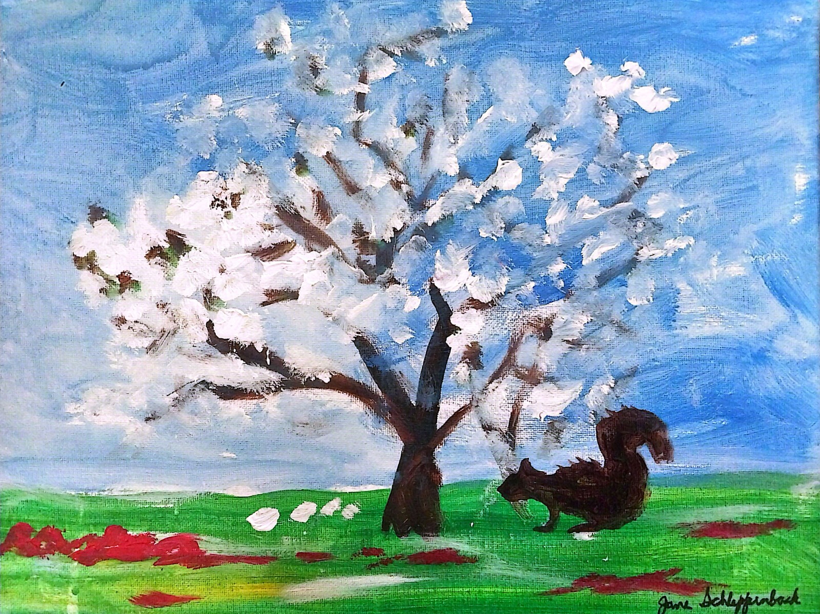 Cherry Tree Squirrel Modern Original Signed Wall Art Canvas Acrylic 11×14 BACH
