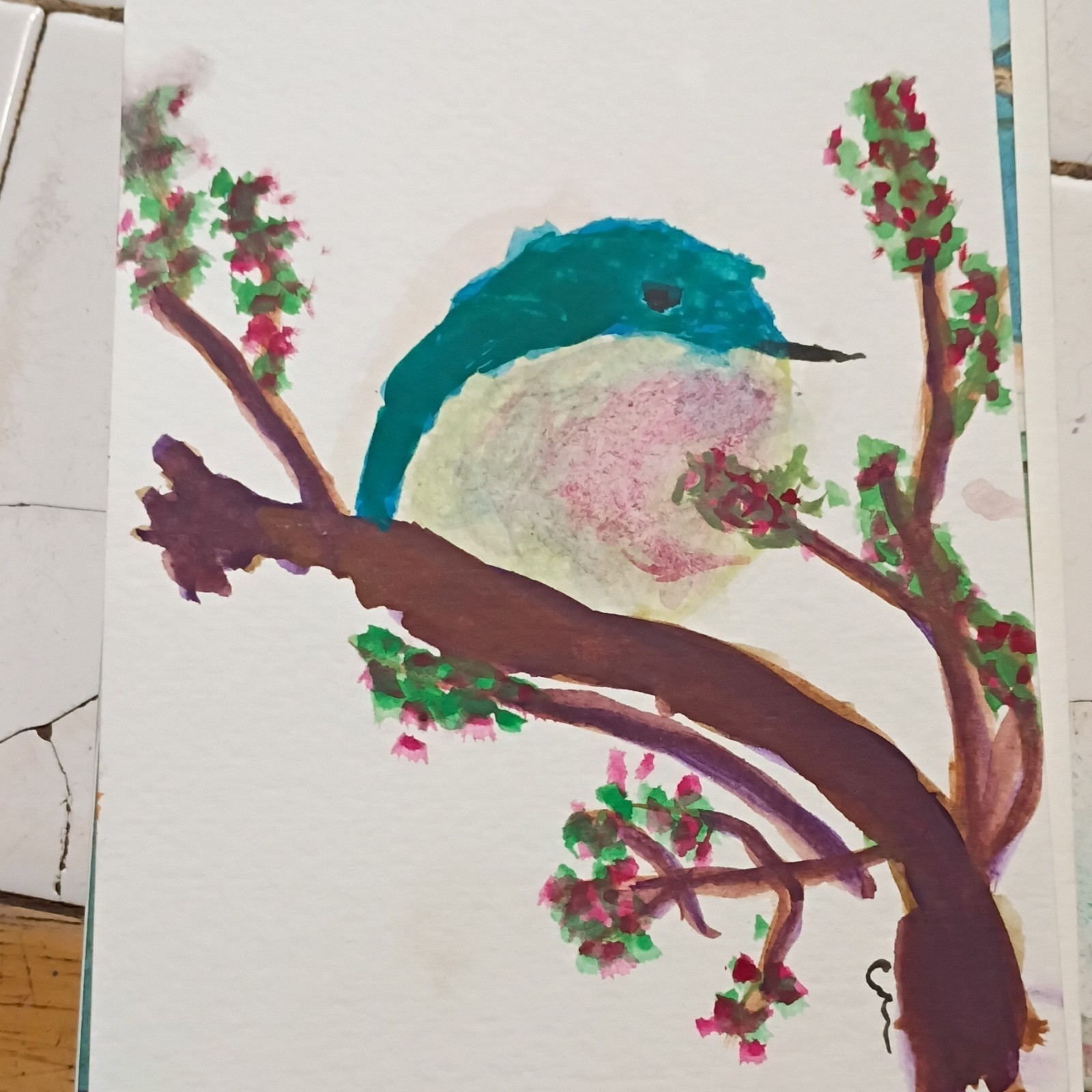 Original Contemporary Watercolor Bird on Branch Painting Nature Floral Art