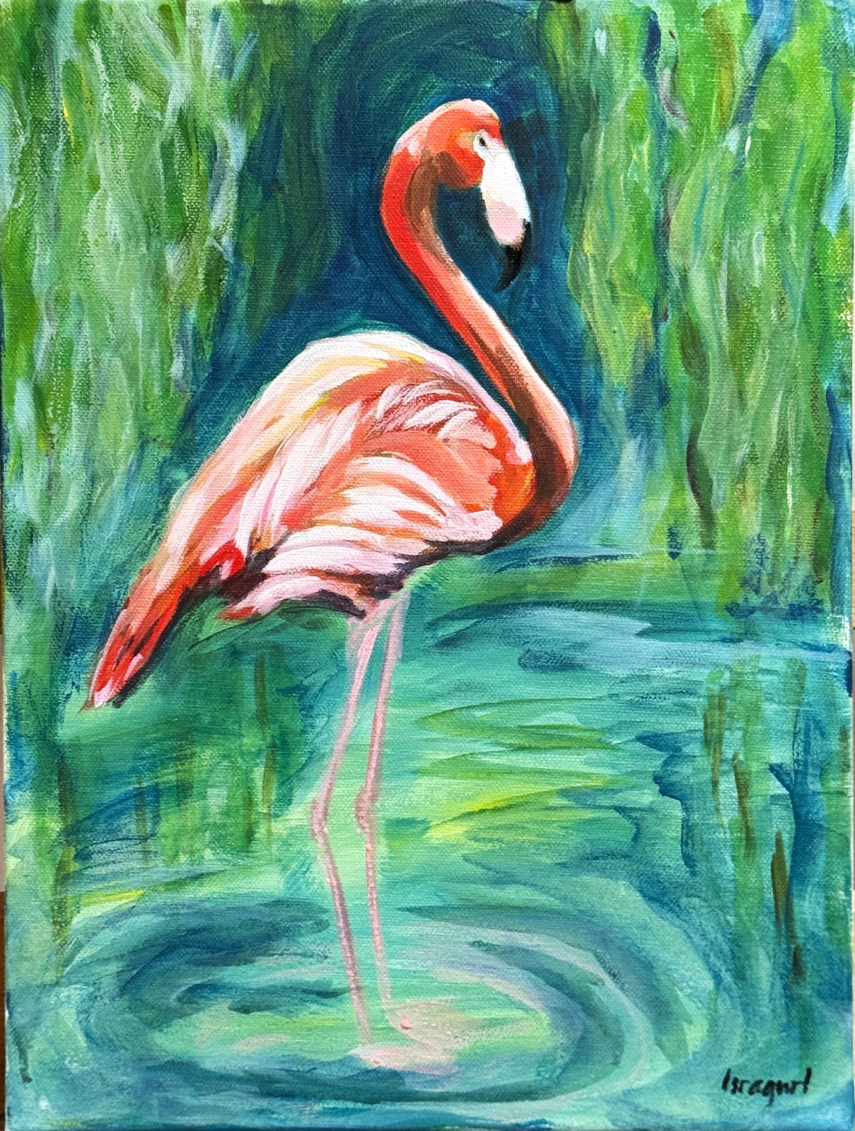 Flamingo Original Signed Acrylic Painting on Canvas 12×16 Wall Art