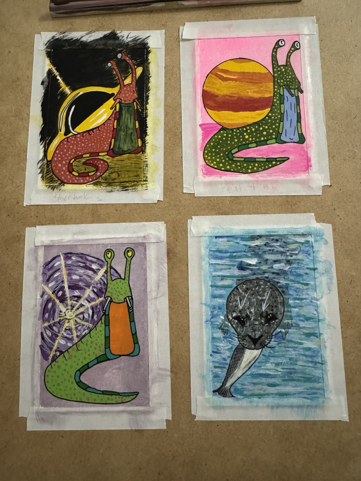 ACEO Original Actually Handmade Acrylic Cute Snail Planet Trading Art Card