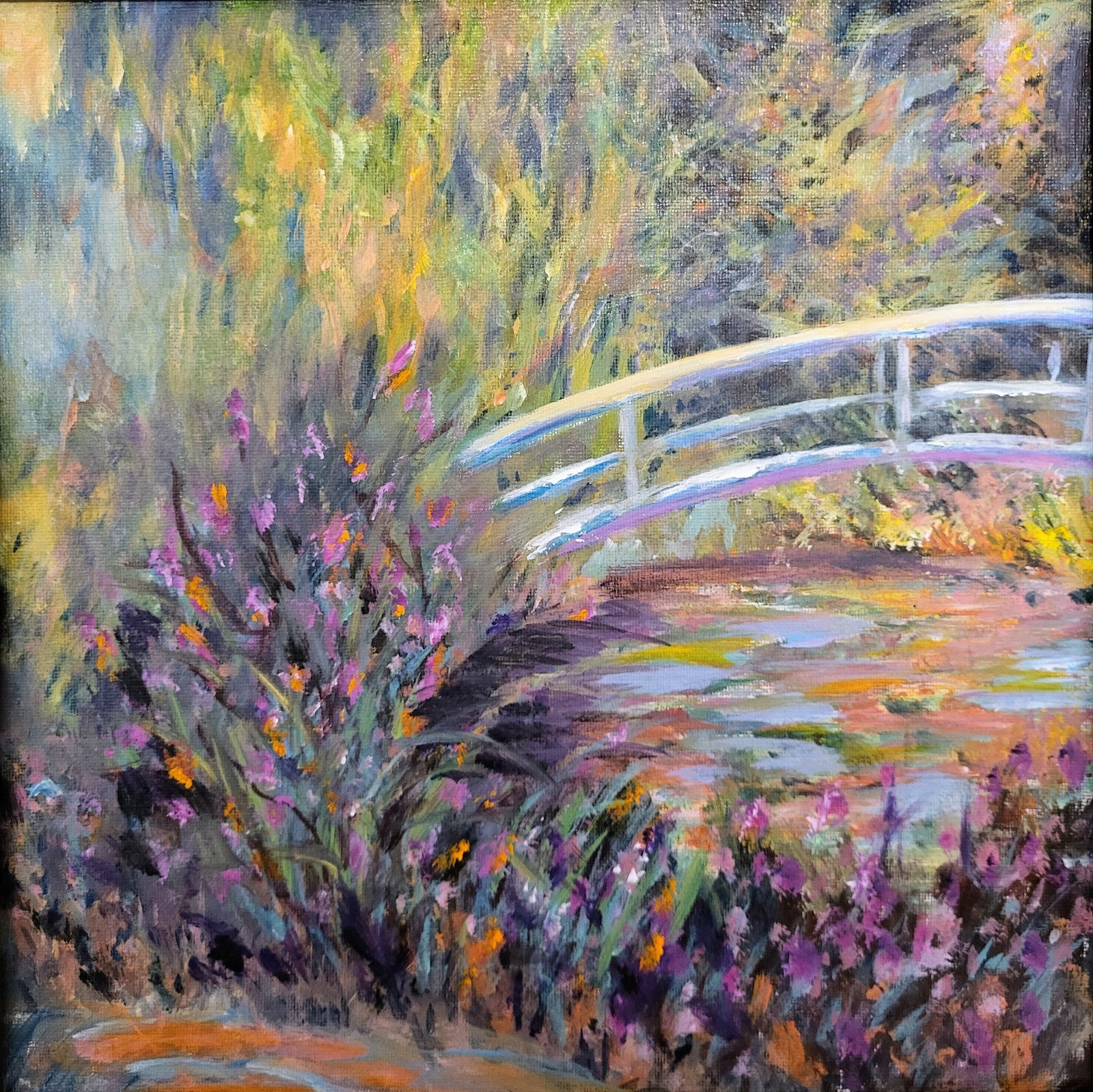 Original Acrylic Pastel Colored Waterscape Bridge Floral Canvas 10 X 10 In
