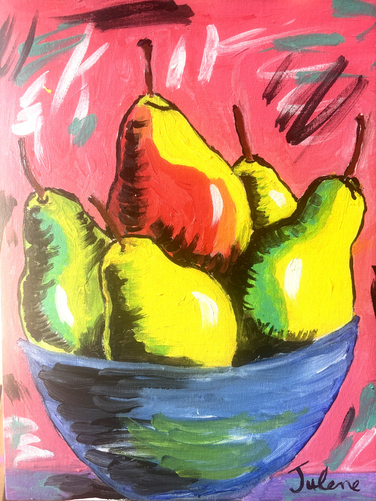 Pears: Original Acrylic Still Life Painting Fruit , 11×14, Home Kitchen Decor