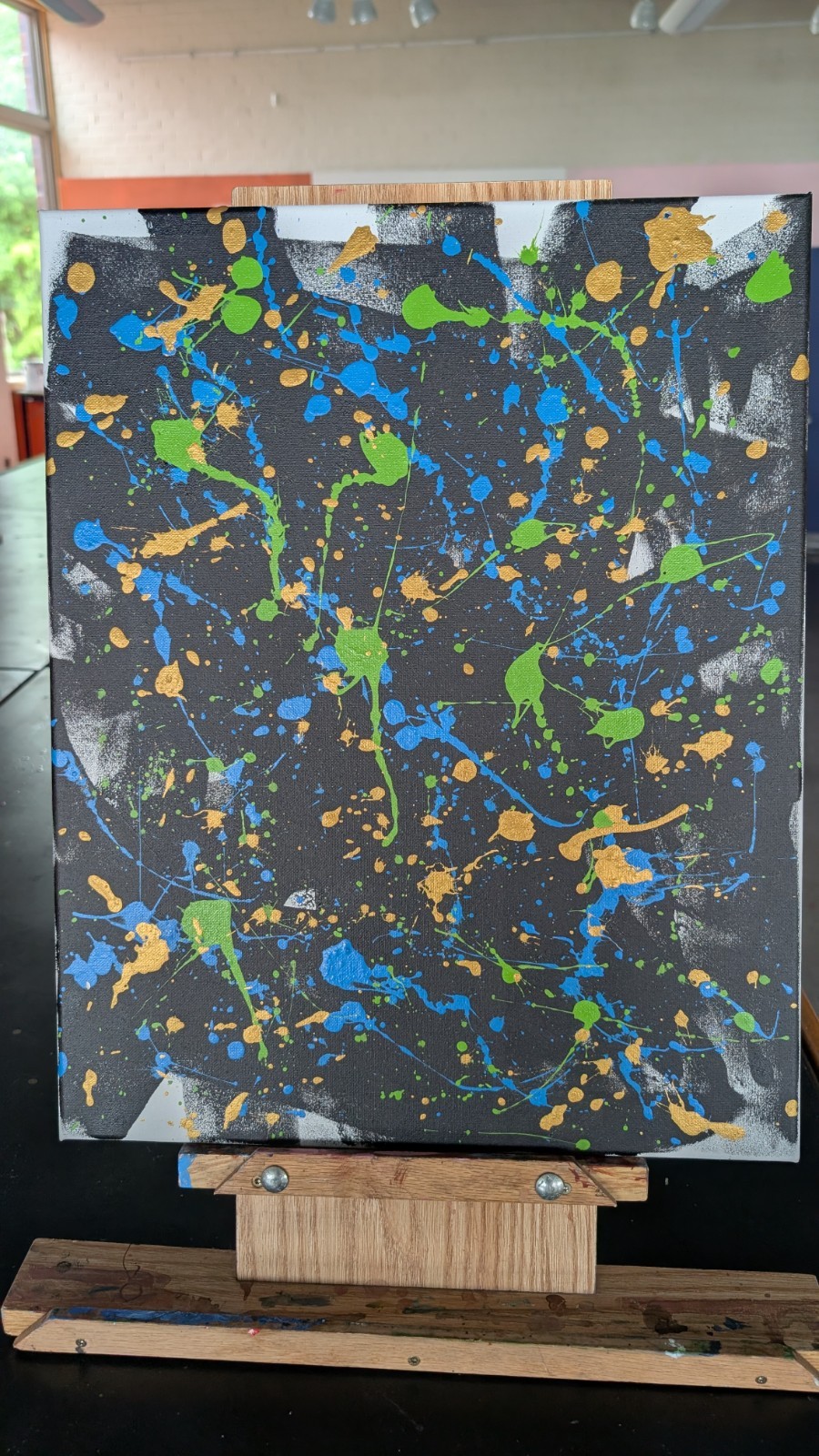 Abstract Paint Splatter Painting Blue Green Yellow on Black, Unframed