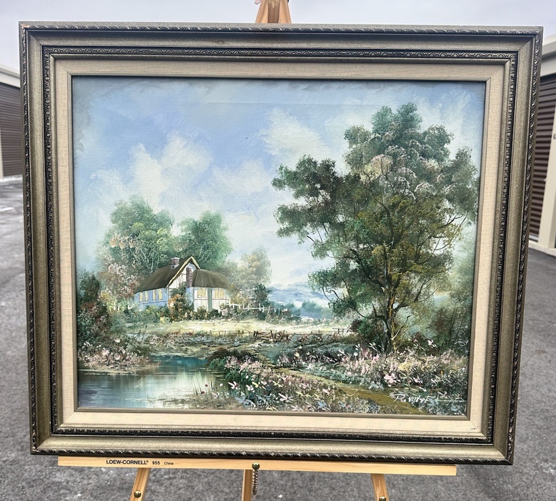 Vintage Oil Painting French Cottage Landscape Signed R. Wolfel Framed 25,5×29,5