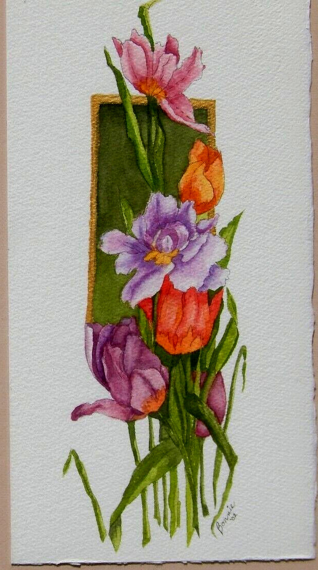 WATERCOLOR ORIGINAL: Beautiful Flowers (3 in 1) by Bonnie. Framed & Signed. MINT