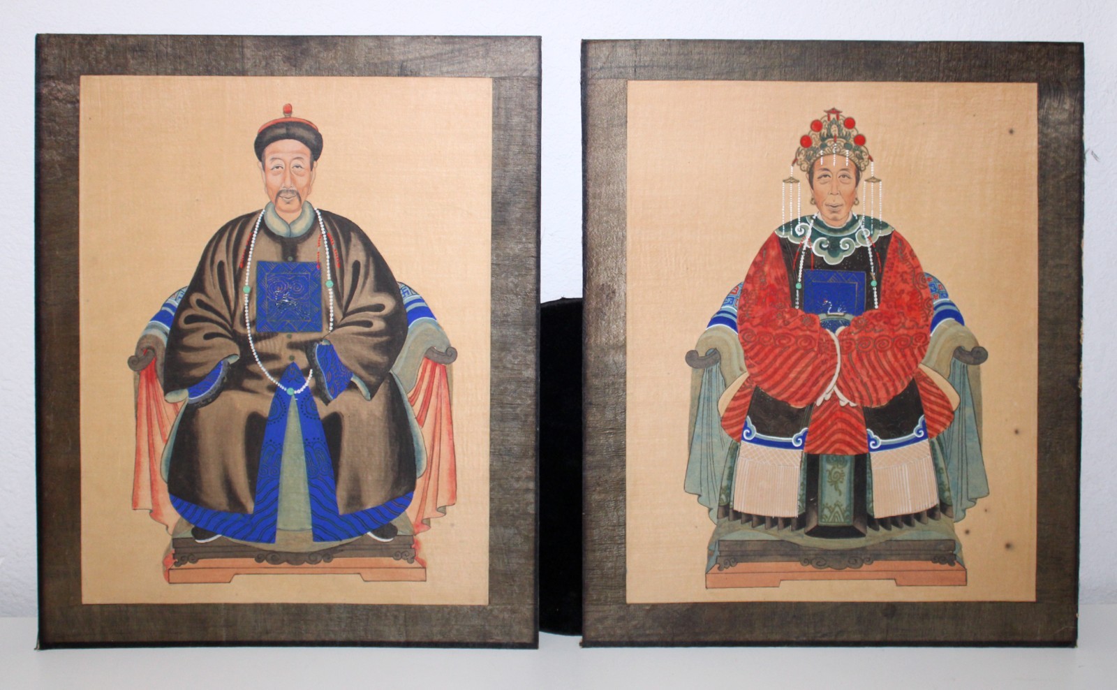 Chinese Silk Painting Emperor Empress LARGE 17×20 Antique PAIR