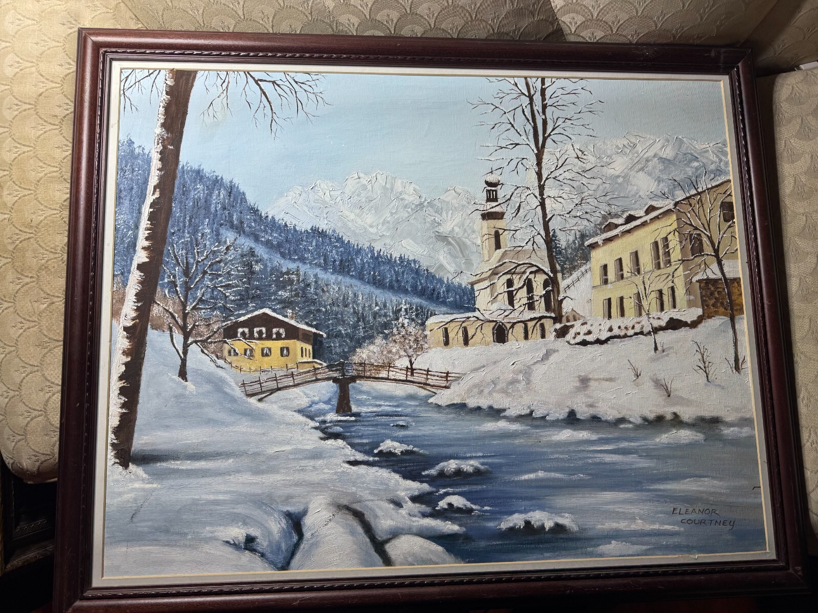 Eleanor Courtney «River And Winter Landscape Scene» Oil Painting -Signed/Framed