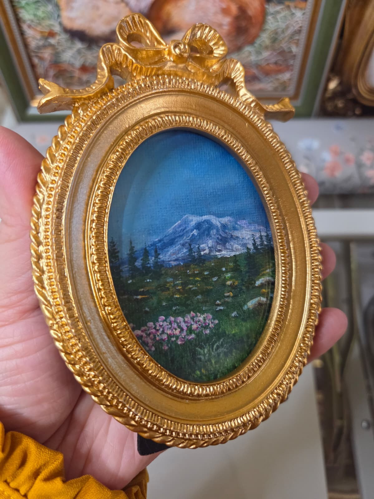 Original Mountain Meadow Landscape Acrylic Painting Oval Framed Mini Wall Gift