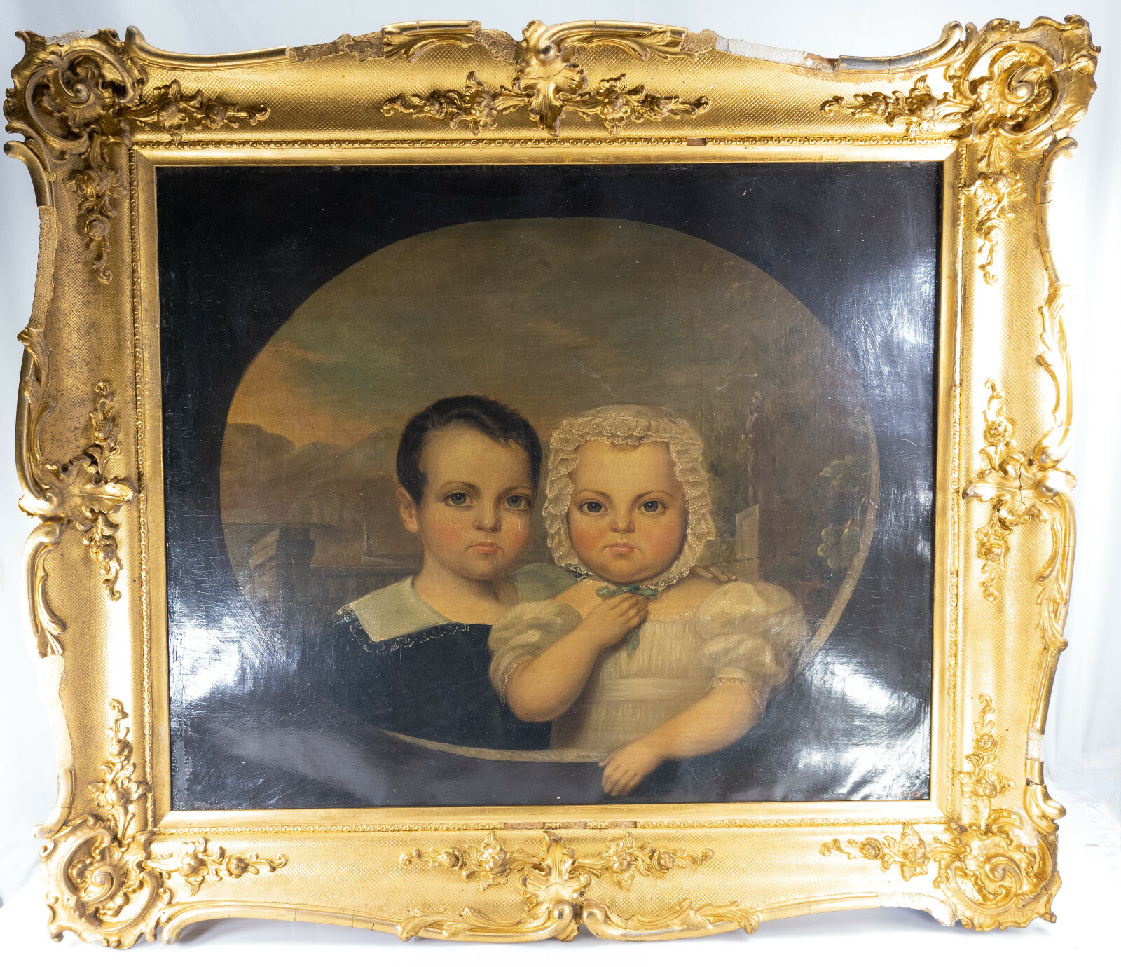Antique American Folk Art Americana Painting Two Kids Brother & Sister Bergen?