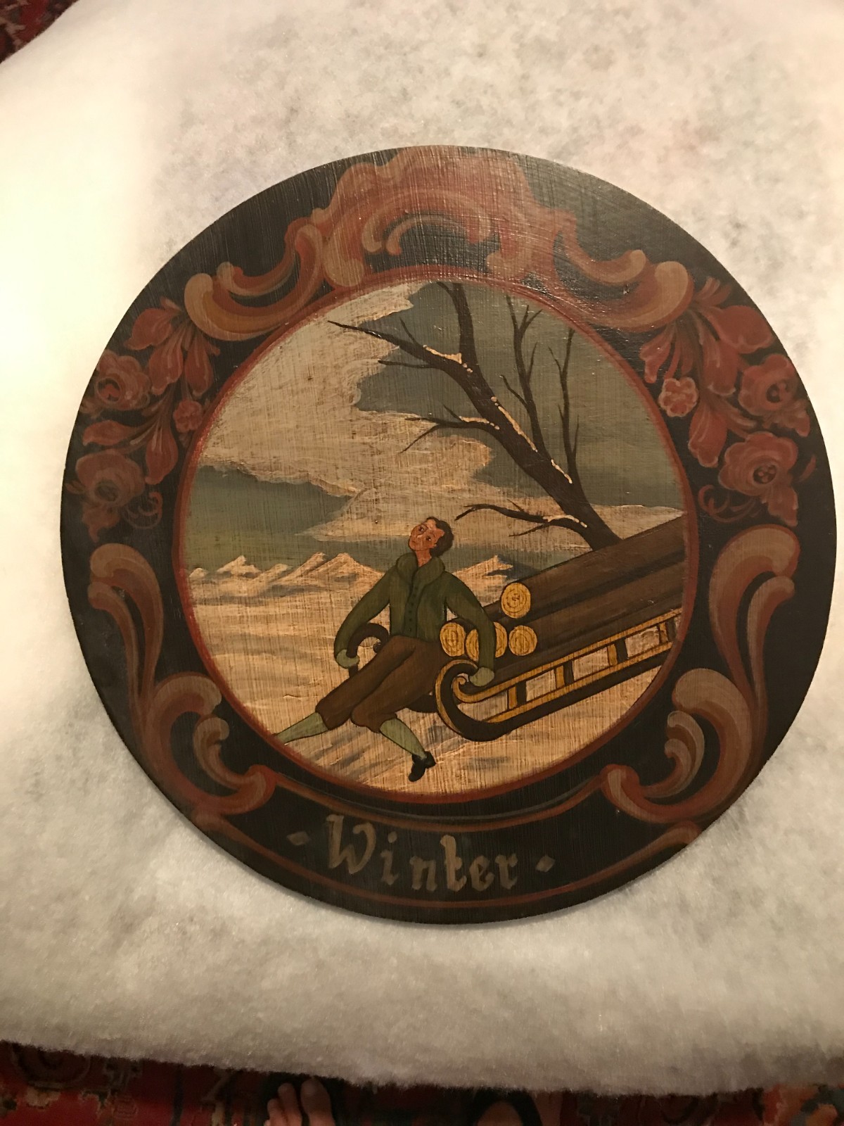 4 Round German Hand Painted Season Pictures on Wood 15 5/8 in.