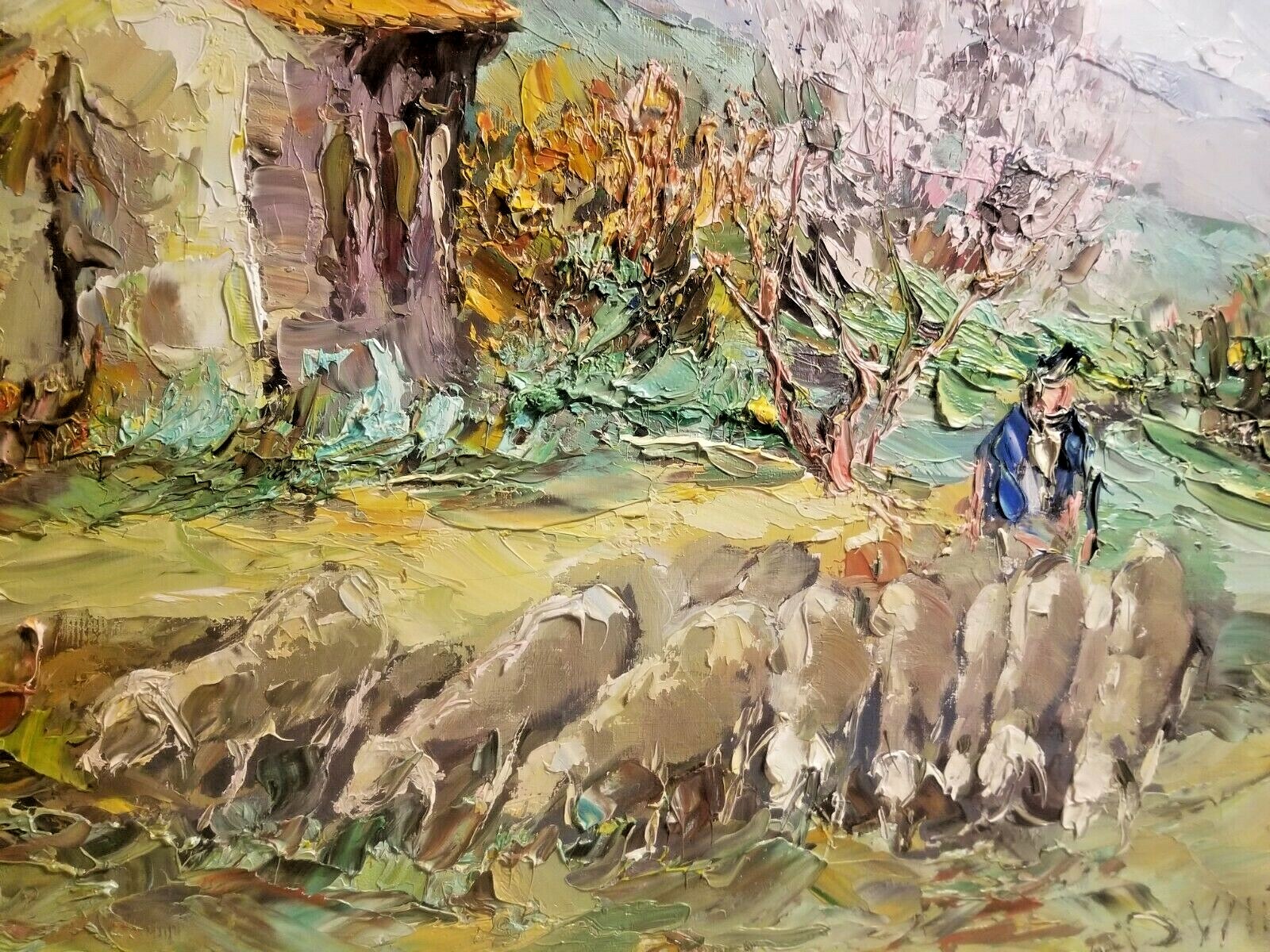 STRIKING GERMAN IMPRESSIONIST A/C PAINTING WOMAN SHEEP IN THE MOUNTAINS COTTAGE