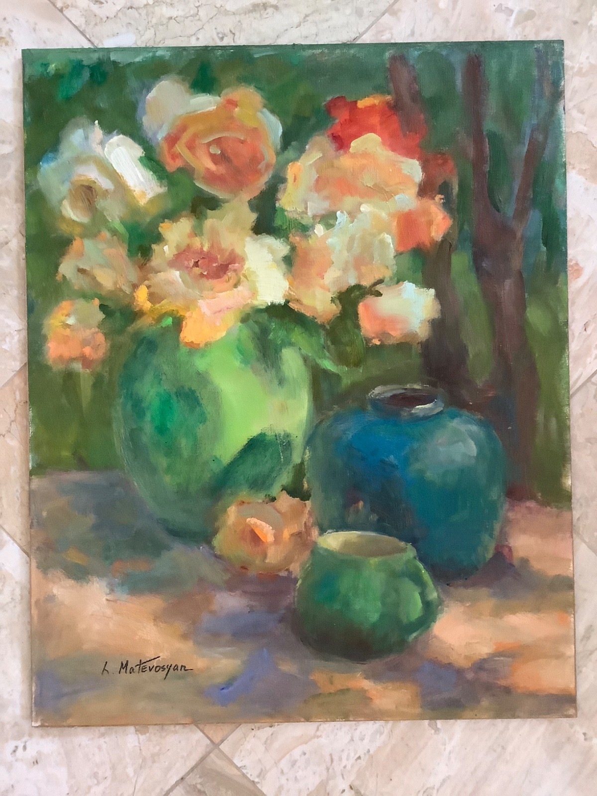 Original Oil Art Impressionism 20”x16 Floral Garden Roses Still Life Signed