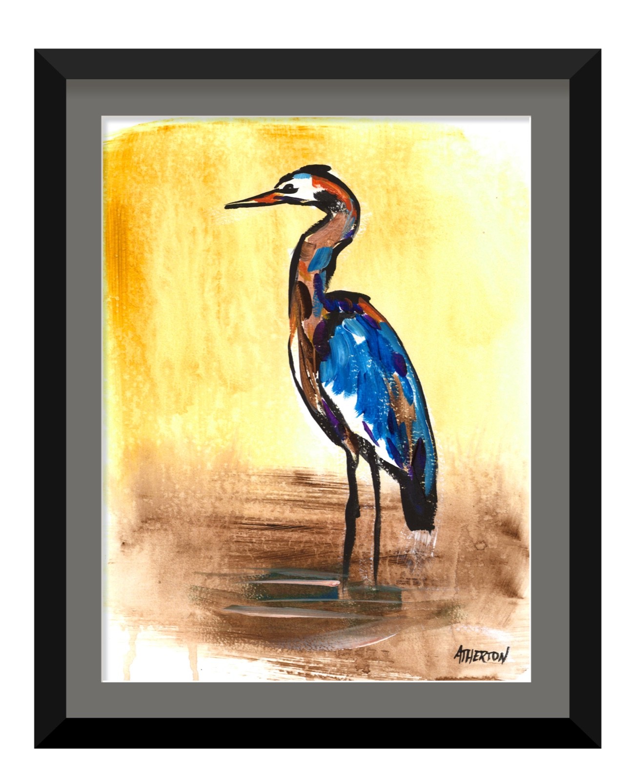 9×12 Original Blue Heron Painting Crane Bird Wildlife Art Coastal Marsh Nature