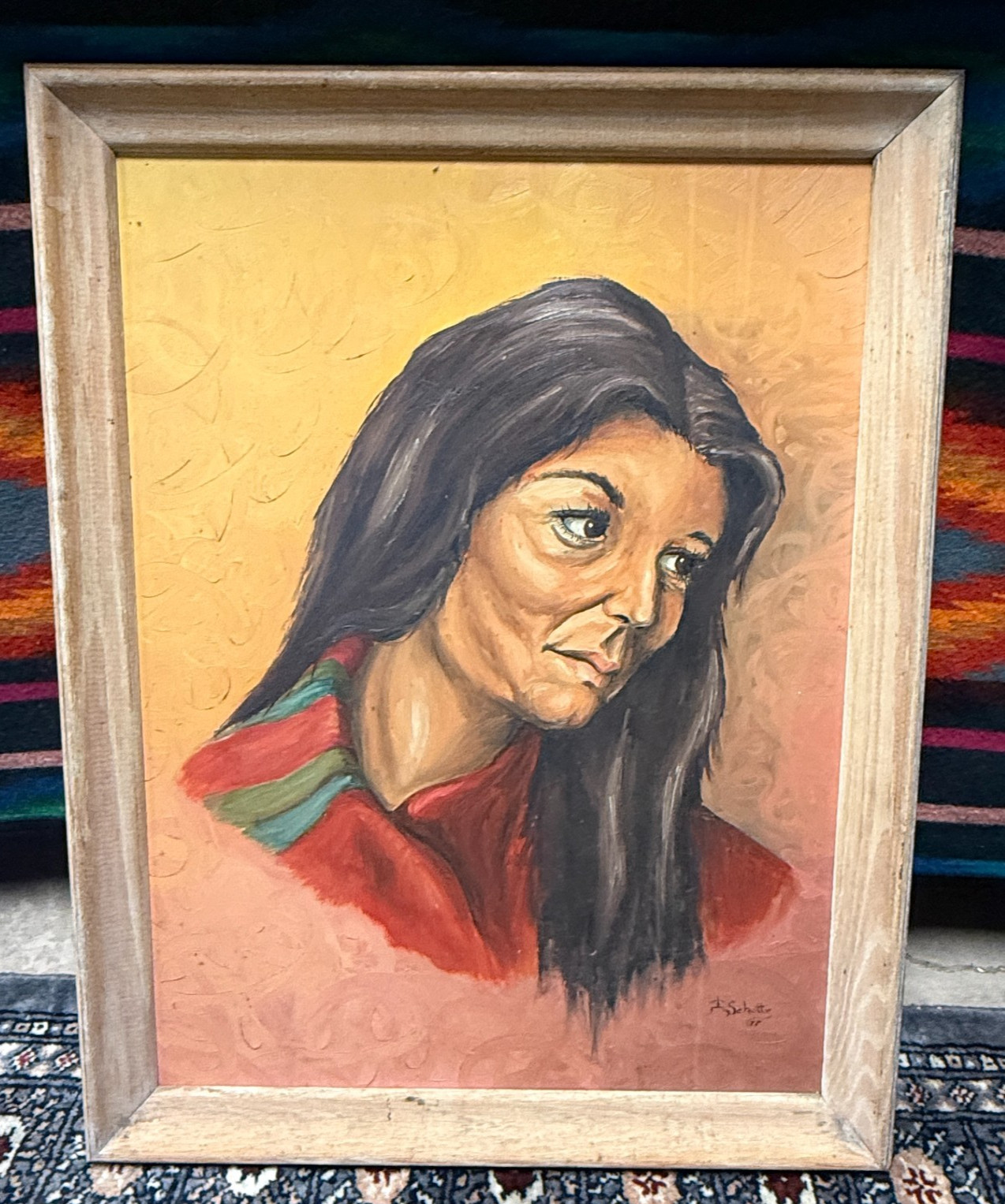 VTG 1977 Woman’s Portrait Oil Painting Framed Signed «Schutte» 27×21 Folk Art