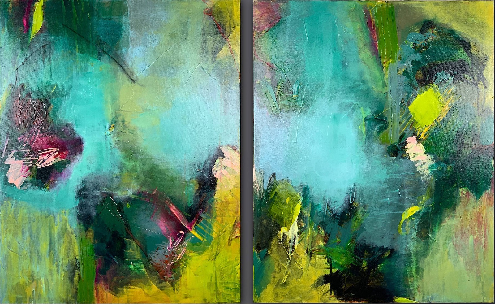 Original Signed Abstract Diptych Pamela Gene Miller Calm Series Acrylic Art