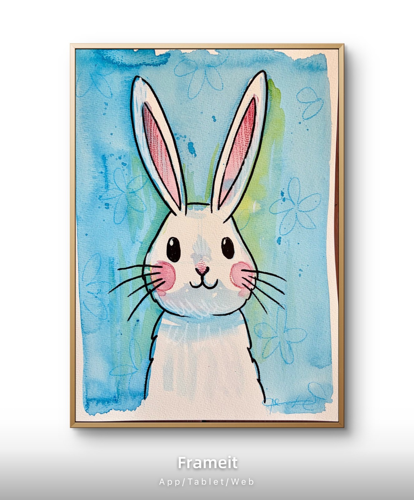 Blue Easter Bunny Painting By Alannah Dyer- Acrylic 9×12 in Rabbit Easter Eggs