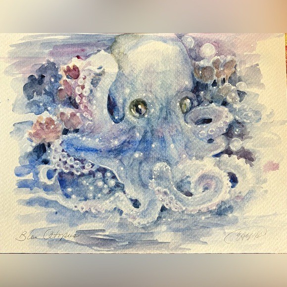 Original Octopus Painting Blue Watercolor Art Artettina ocean sea decor squid US