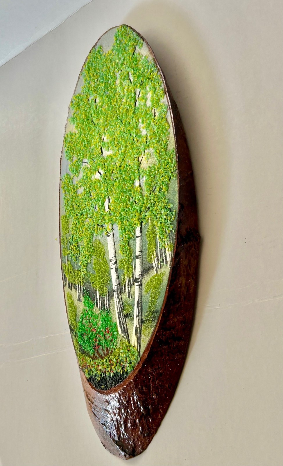 Lot # 1 : Woodcut Painting Sand Wall Art Plaque 12 Inches with White Birch Trees