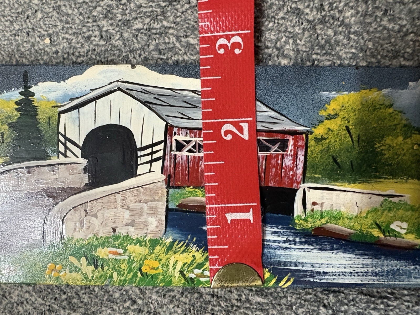Painted Chainsaw Bar – Church/Covered Bridge/Water Mill Scene Folk Art 22-1/2″