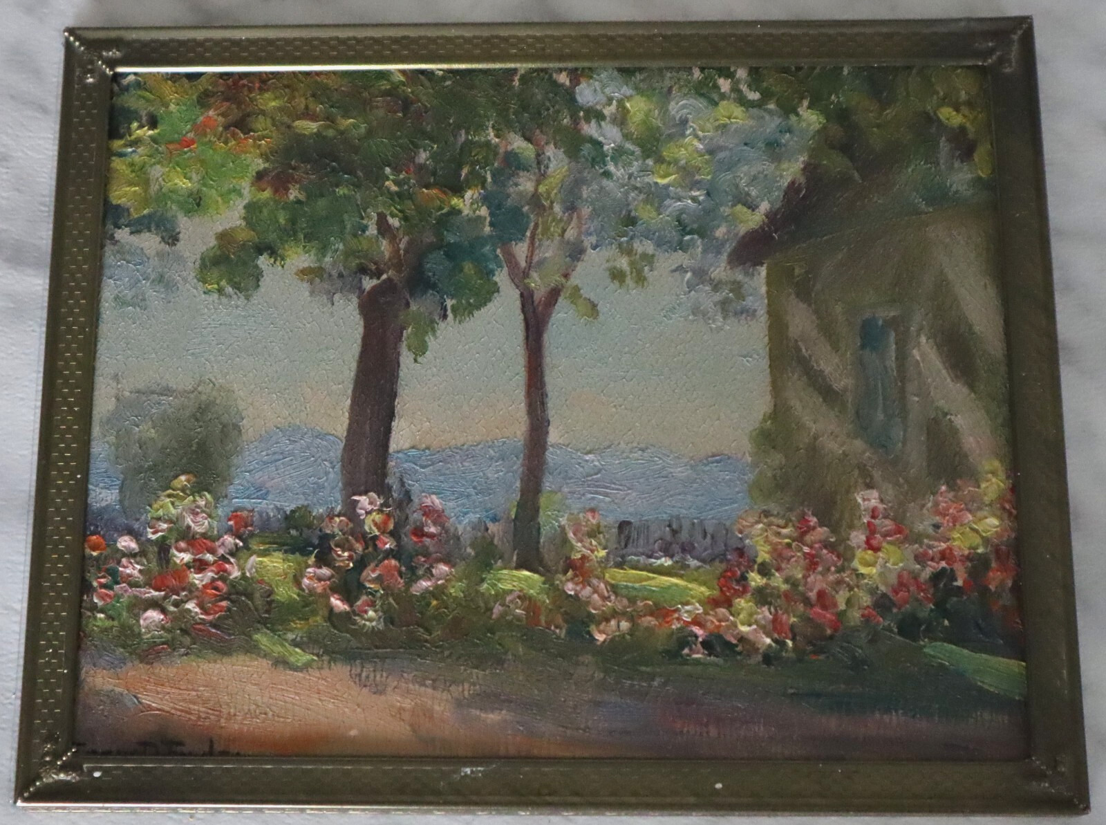 Irene D. Fowler oil panting on board A Garden Near The Foothill Colorado