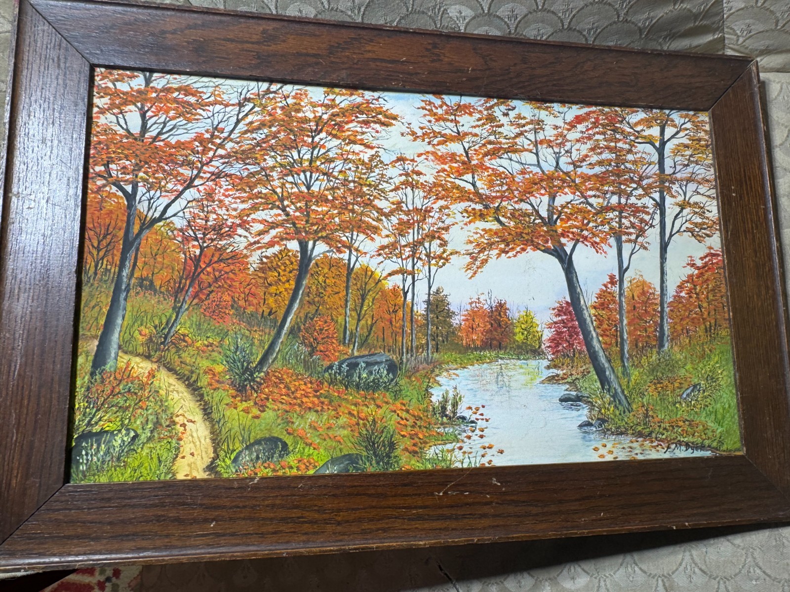 Vintage F.M Dyer «Fall River Landscape Scene» Oil Painting – Signed And Framed