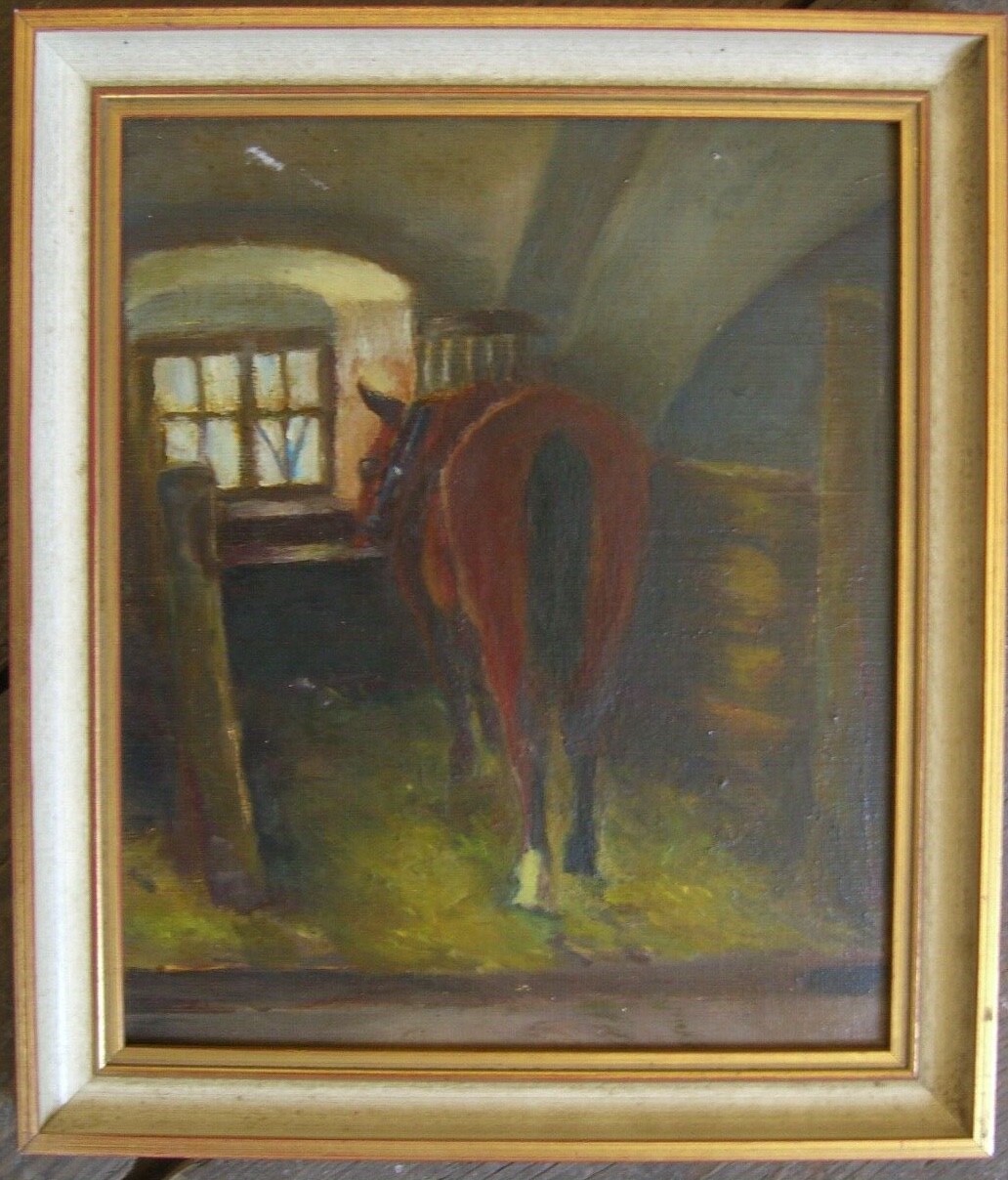 Horse in the Stable Vault Castle Box Window Fox Oil Painting Antique Frame