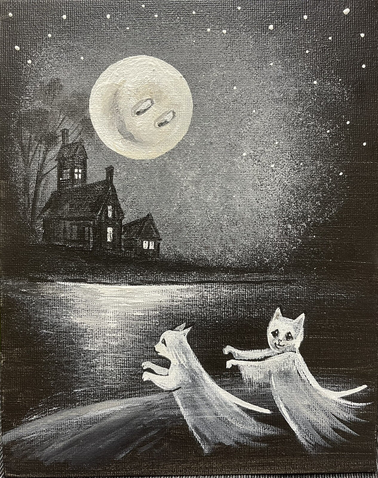 ACEO PRINT OF PAINTING RYTA HALLOWEEN BLACK CAT MOON Folk Art house haunted lake