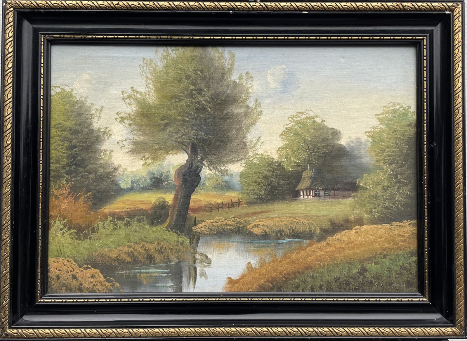 Impressionist Landscape With Thatched Cottage By The River Oil Painting
