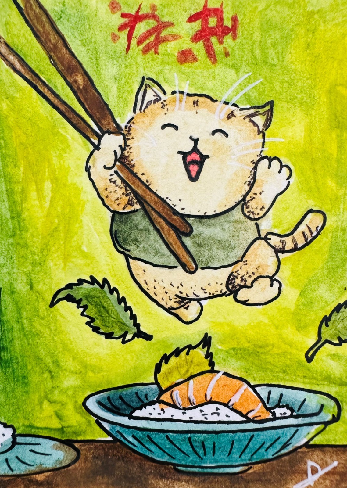 Sushi Cat Green ACEO Original Acrylic Painting Kawaii Kitchen Food Fun Happy Art
