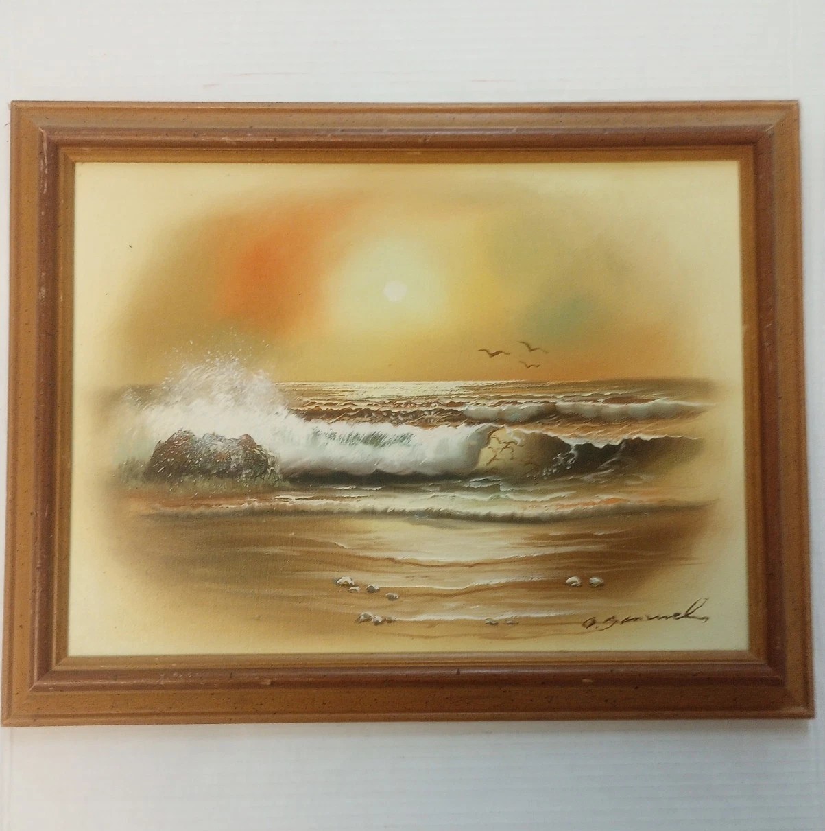 Vintage Painting Sunset Coast Ocean Seascape Beach Original Oil Art Signed