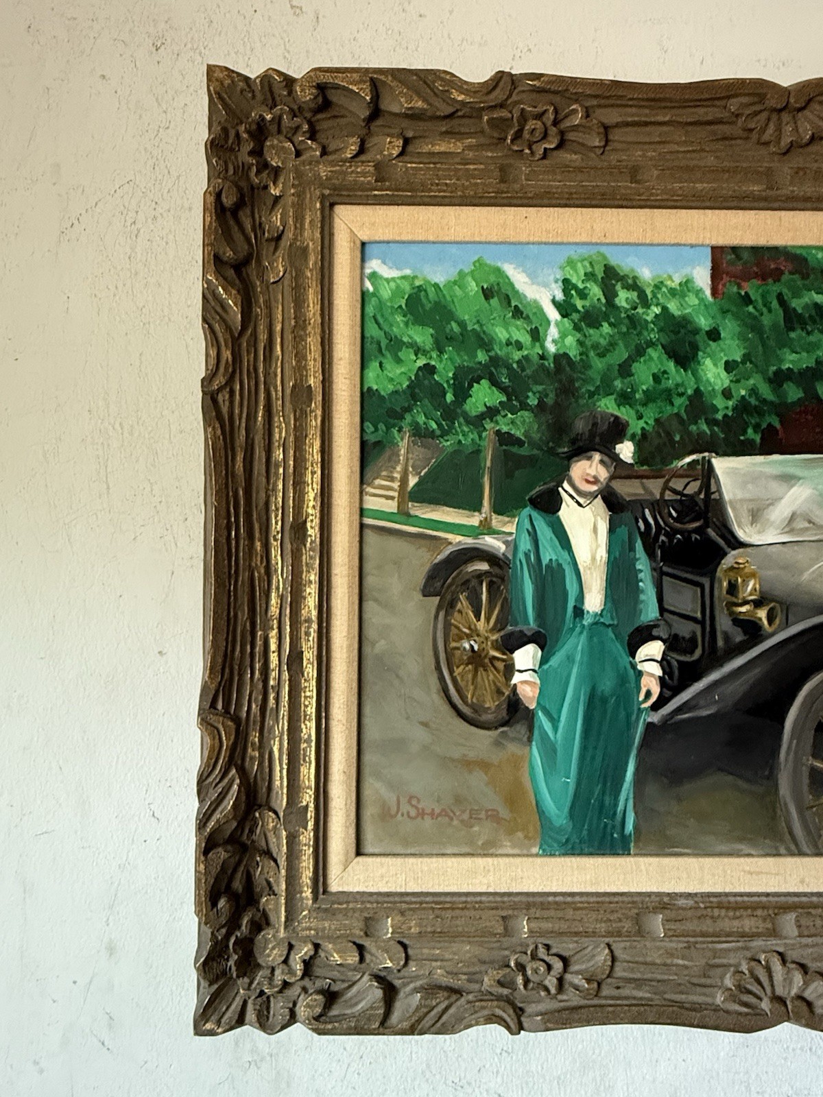 JAMES SHAVER ANTIQUE FIGURATIVE AUTOMOBILE LANDSCAPE OIL PAINTING VINTAGE CAR 40