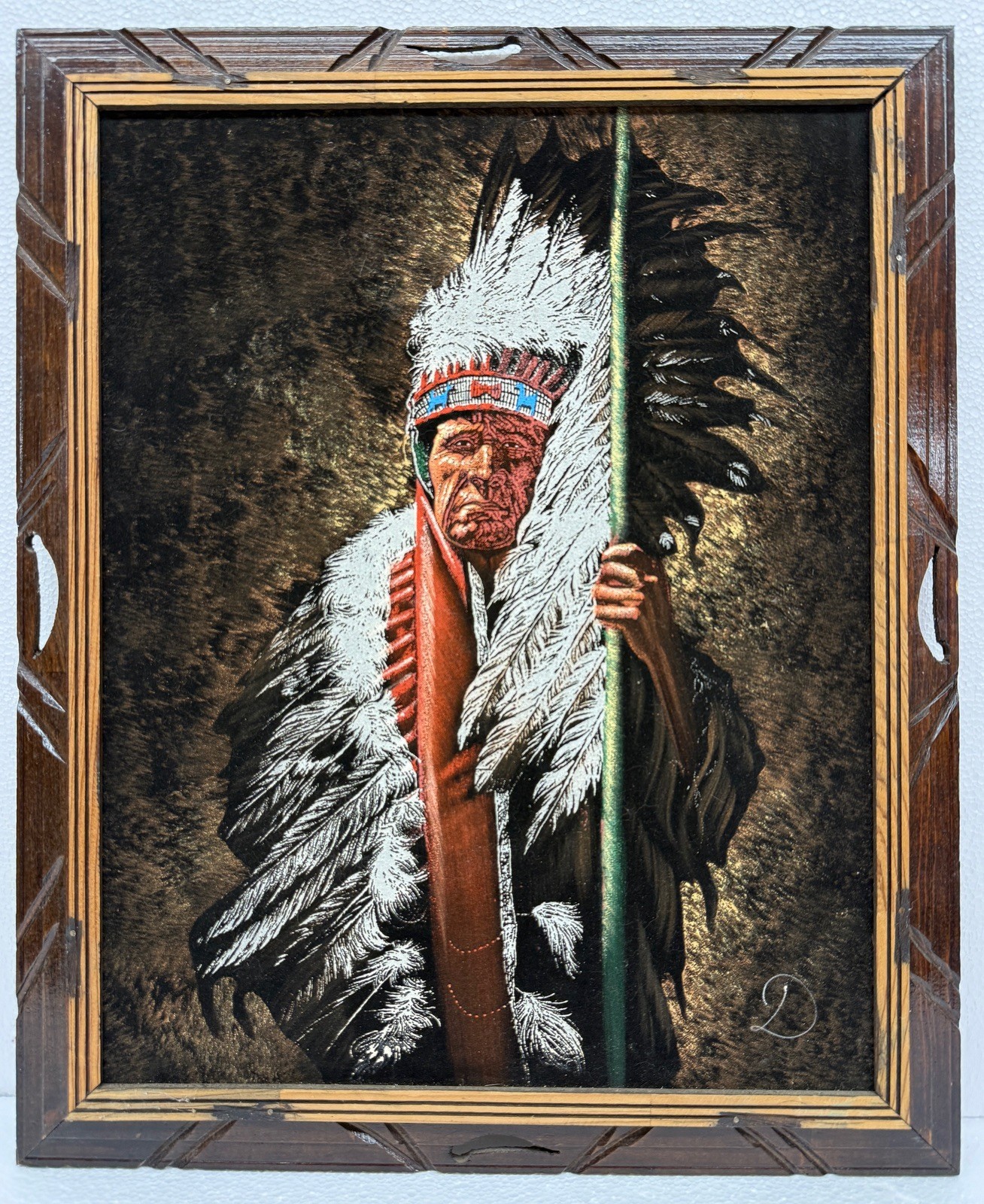 Vintage Native American Chief Portrait in Headdress Black Velvet Art Painting