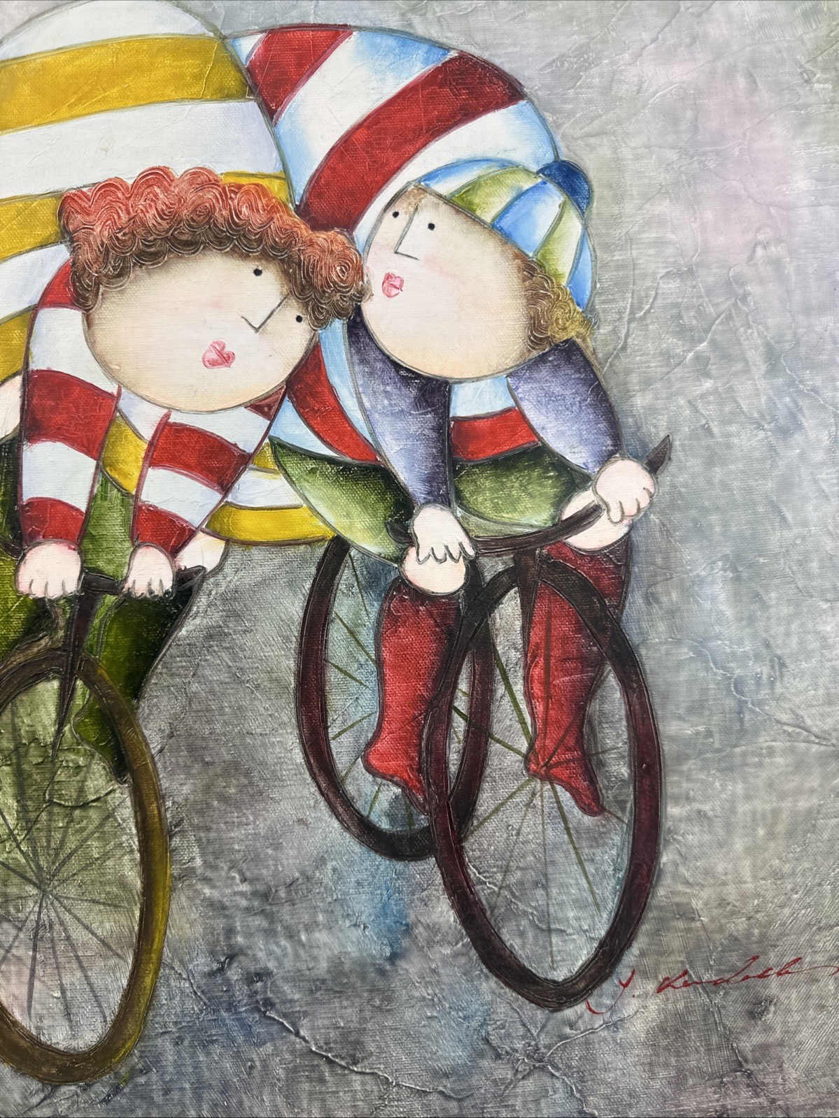 Joyce Roybal Signed Original Painting: Kids on Bicycle (Framed) 29 X 25