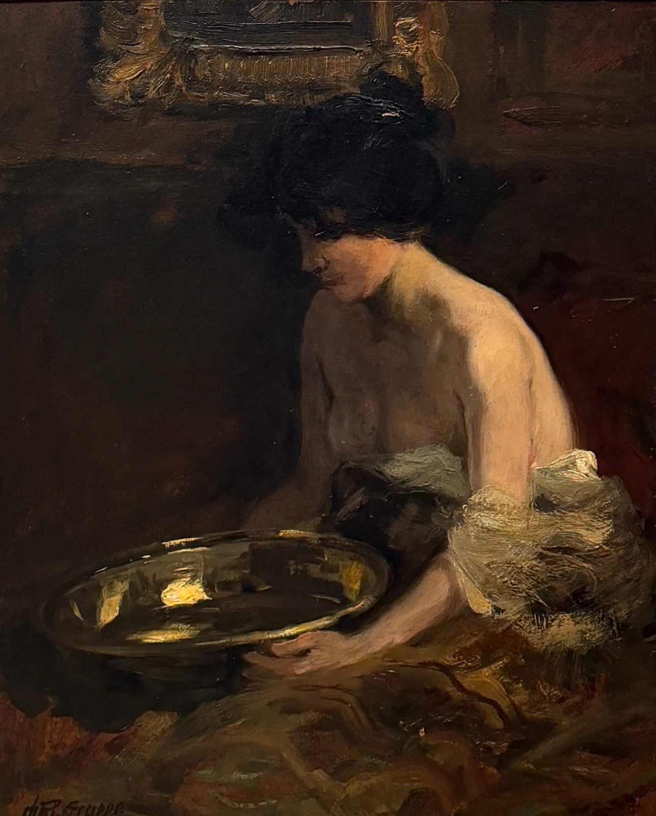 Charles P. Gruppe, «The Brass Bowl, » Interior Figure Painting with Woman
