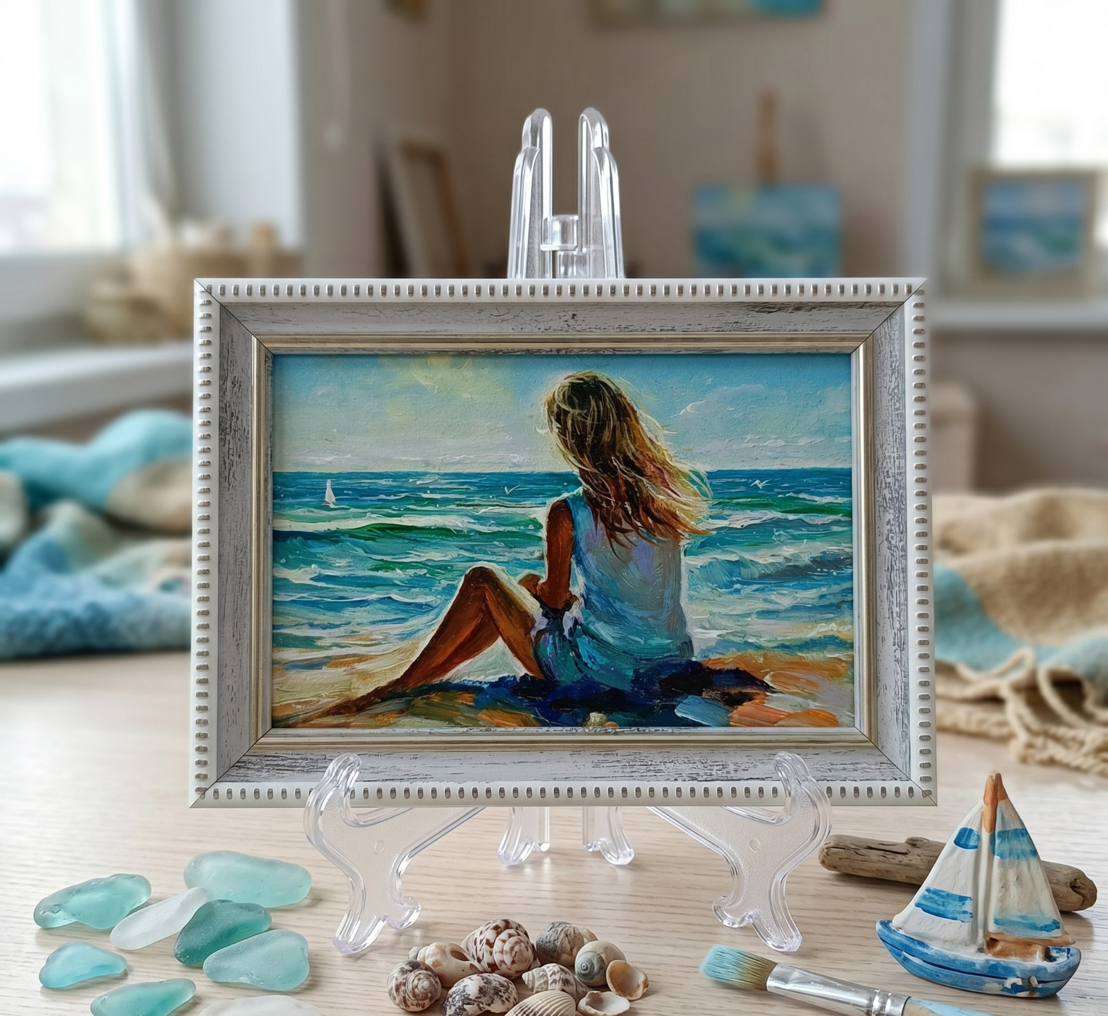 Beach Girl Original Oil Painting 4×6 Framed Signed Woman Sea Beachfront Art