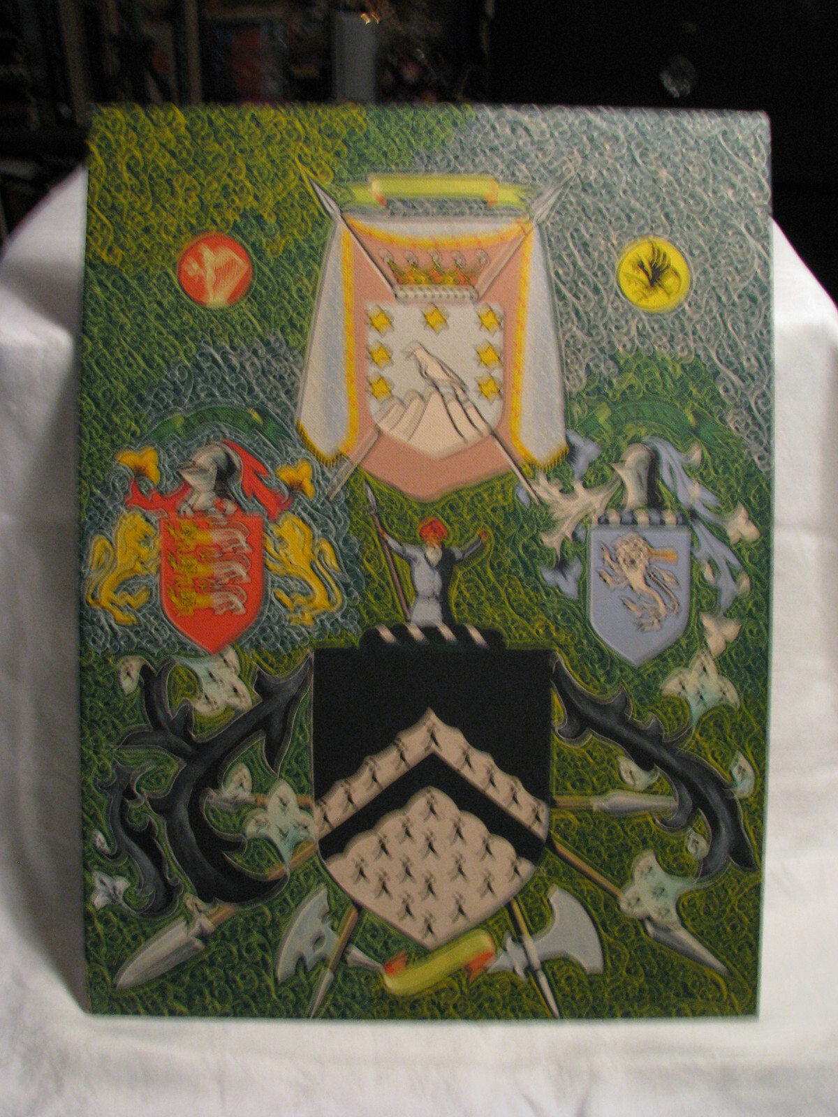 VTG Handpainted Oil on Canvas 12″ x16″ Shield, Knights & Lions by Daniel Clevela