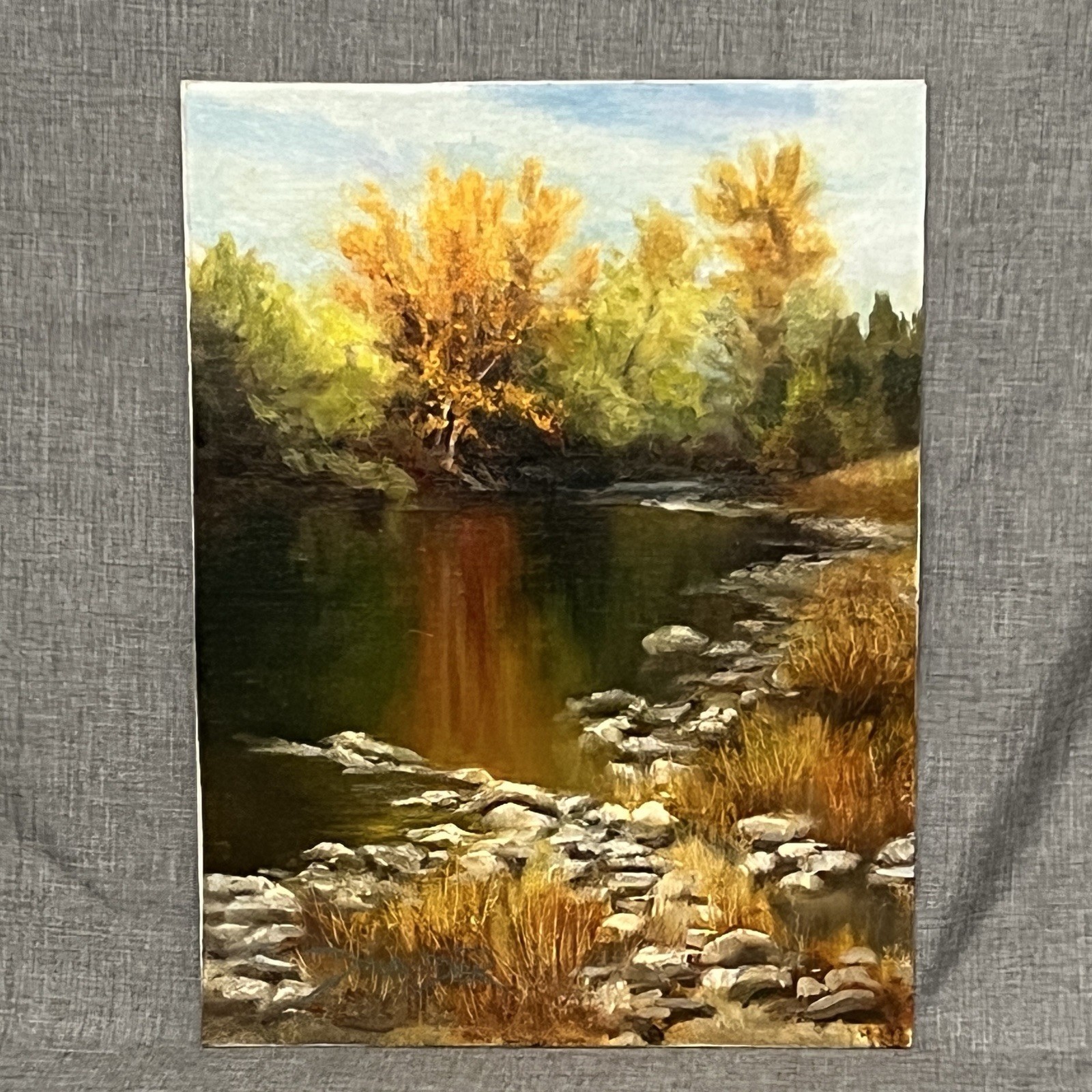 Delander Art-“Salmon River” Plein Air Original Oil Landscape Fall Colors 12×9