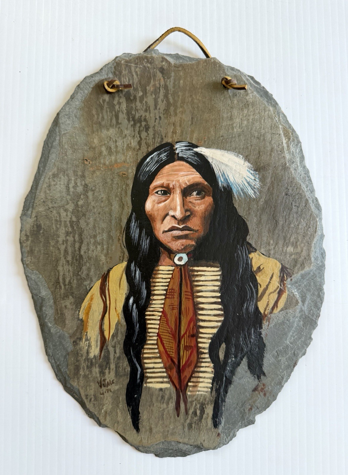 Vintage Signed Hand Painted Slate Painting, Native American Man Kicking Bear